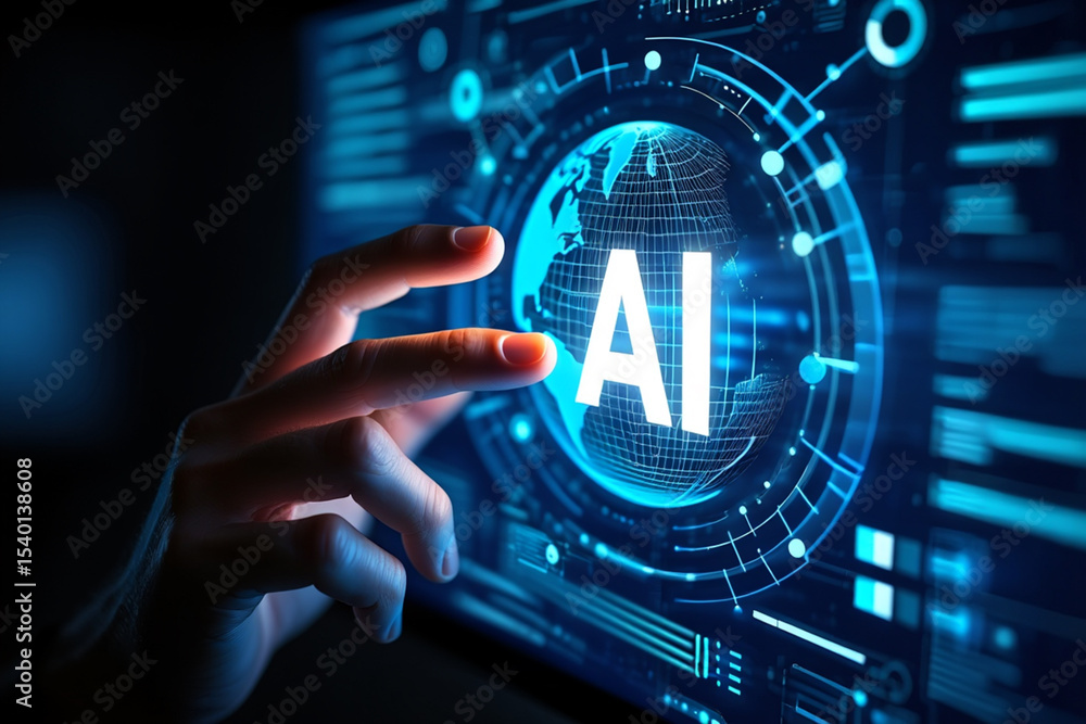 Poster hand interacting with ai global network interface on screen