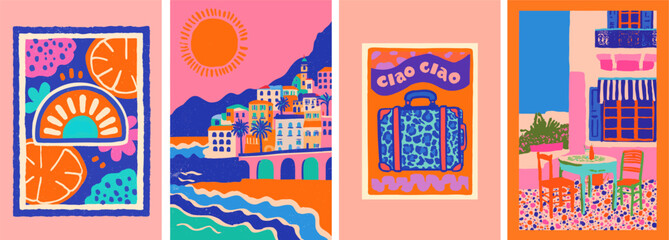 Summer vector set of european mediterranean summer scenes. Hand drawn style holiday backgrounds