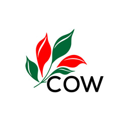 COW Minimalist Nature Logo with Red and Green, Leaf Design COW Later Logo on White Background
