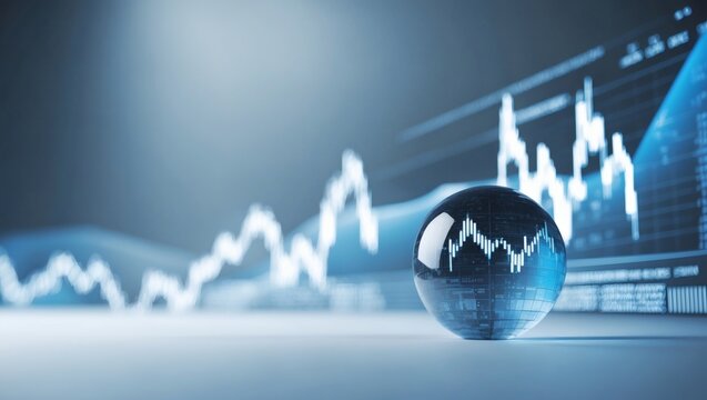a close-up of a glass sphere with the stock market charts reflection with a screen, and showing an upward trend