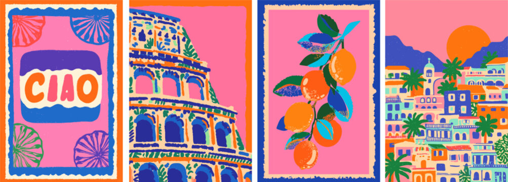 Summer vector set of european mediterranean summer scenes. Hand drawn style holiday backgrounds