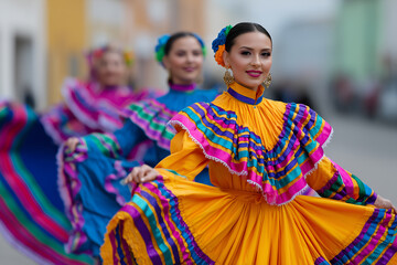 Hispanic woman is smiling while wearing a colorful dress during a hispanic heritage month parade