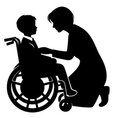 Female Teacher Helping Boy in Wheelchair Silhouette Representing Inclusion and Support in Education