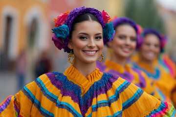 Fototapeta premium Hispanic woman is smiling while wearing a colorful dress during a hispanic heritage month parade