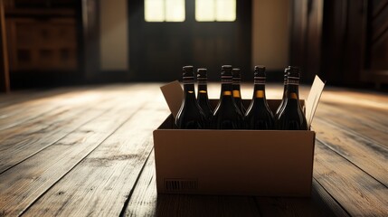 Delivery Wine. Open Box with Six Bottles for Home Delivery on Wooden Floor