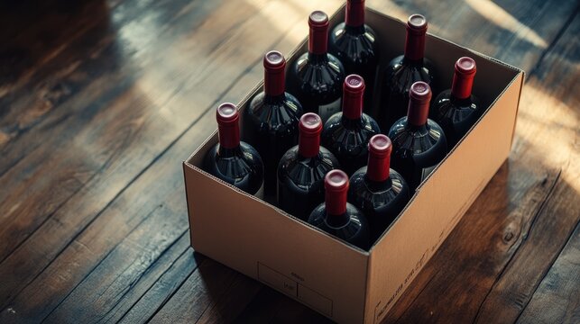 Delivery Wine. Open Box with 6 Bottles of Wine for Home Delivery on Wooden Floor
