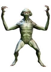 3D Rendering Green Alien on White