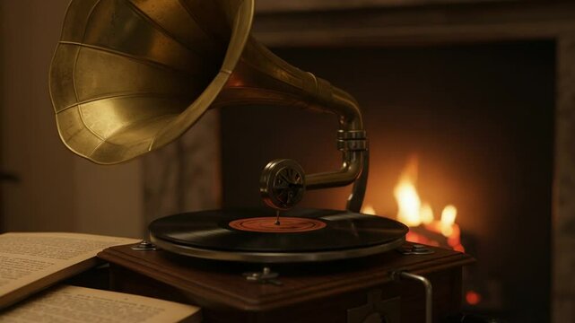 Vintage gramophone playing music by a cozy fireplace