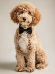 Adorable fluffy poodle puppy wearing a black bow tie sitting on a light background. Studio portrait with charming expression. Formal and elegant look.