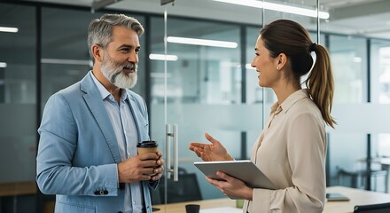 Multi-generational business partners, a senior man and a businesswoman, planning a strategy together using technology in a contemporary office setting.