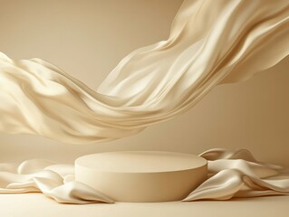 pixel perfect picture of Beige color abstract background with a round podium and flying silk, creating soft shadows for minimalistic product presentations, high detail, 8k