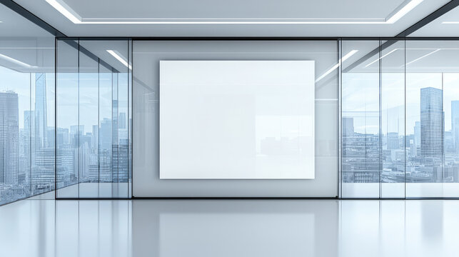Modern office with floating whiteboard, glass walls, cityscape view, minimalistic design, bright, spacious, futuristic