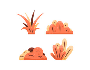 autumn bushes or grass illustration collection. bushes with orange or brown color. plants or vegetation. flat style design. asset element set. sticker.