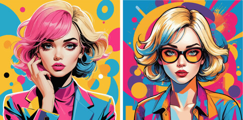 A vibrant duo of female portraits in pop art style. Both models have outrageous hairstyles and expressive makeup