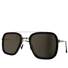 Sleek aviator-style sunglasses with a squared-off frame, featuring a dark grey lens, thick black...