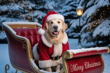 A photograph of a golden retriever dressed in a full Santa Claus suit, complete with a red hat and white beard, sitting comfortably in a vintage wooden sleigh