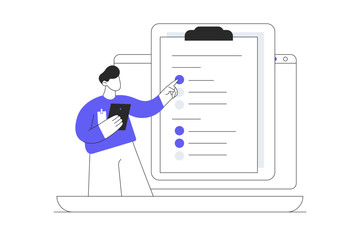 Feedback and survey. Man character give positive feedback, show quality rating and filing survey form. Customer satisfaction concept. Flat Cartoon Vector Illustration, icon. Stylish abstract design 