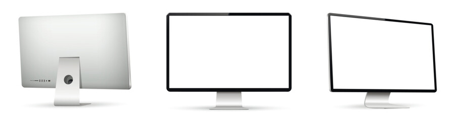 Realistic computer screen mockup. Computer display on three sides with blank screen.