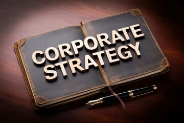 A top down studio photograph of Corporate Strategy spelled out in rustic wooden letters resting on a leather bound notebook