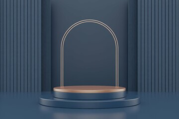 Emphasize the elegance of your merchandise with a photo showcasing an abstract 3D dark blue cylinder pedestal podium against a backdrop of a luxurious dark blue wall scene, exuding luxury and style.