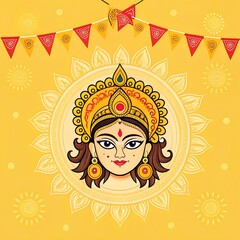 Durga Puja Festival Background with Goddess Durga Hands, Trident and Hindi Text Maa meaning Goddess Durga/Mom for Indian Religious Festival Durga Puja or Navaratri. Line art Vector Illustration.