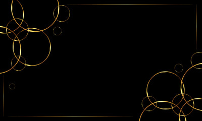 Elegant black background with glowing golden rings and minimal frame, ideal for invitations, luxury events.