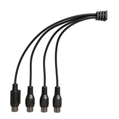 A close-up shot reveals a black, four-way cable splitter with three identical RCA-style female connectors at one end and a single, molded male connector at the opposite end