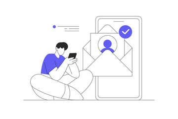 Social media and email promotion. Man Character integrating with social media platform and planning marketing strategy. Business and marketing. Flat Cartoon Vector Illustration, icon. Stylish abstract