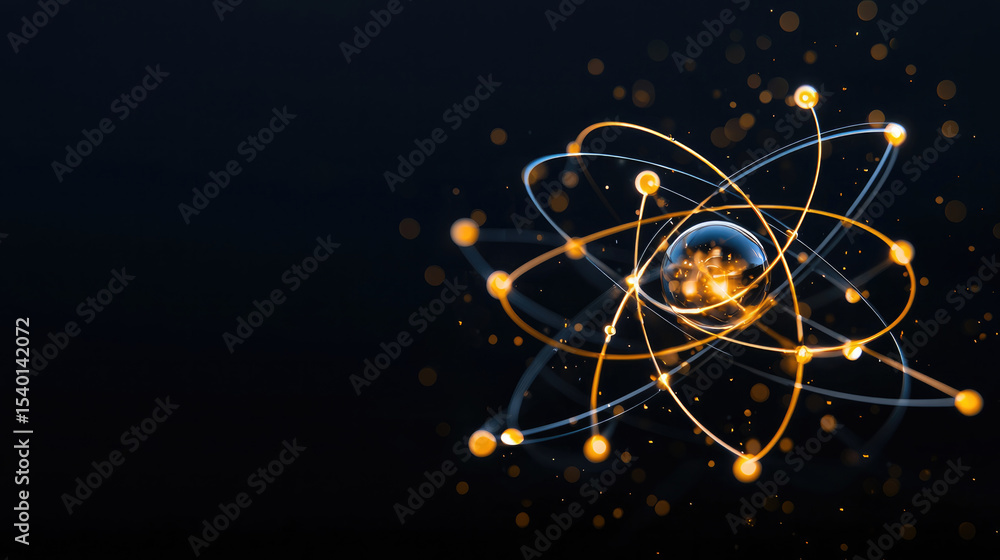 Poster atomic structure with glowing particles, electron orbits, and energy sparks on dark background, symb