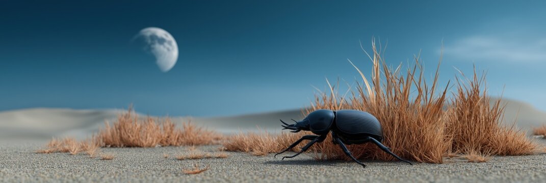 Dune beetle under moonlight in desert landscape with dry vegetation