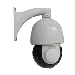 A white dome security camera with a black spherical lens, mounted on a white bracket against .  The...