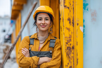 Happy female worker on construction site. National Labour Day, May day, women's day concept. 