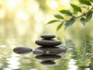 Zen spa stones with water reflection and soft ripples on a green nature background. Blurry foliage, natural light, and bokeh create a peaceful, eco-inspired scene. For relaxation and wellness themes