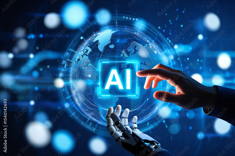 Poster human and robot hands interacting with global ai network