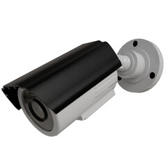 A sleek, bullet-style security camera, predominantly white with a black matte casing.  It features a lens cover and is mounted on a white bracket with visible screws. The design is modern and compact