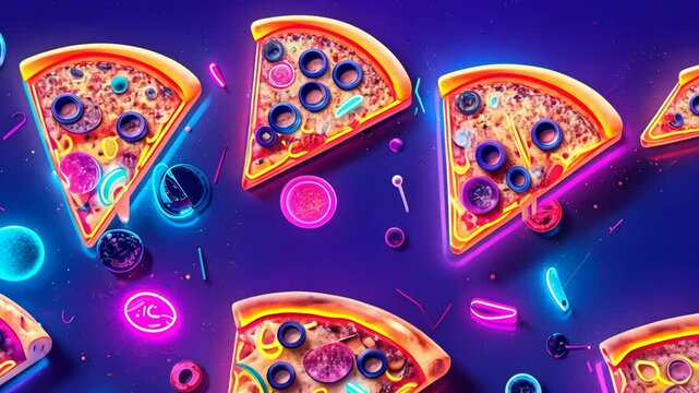 Pizza slices with glowing neon edges and colorful toppings create a vibrant, futuristic food scene.