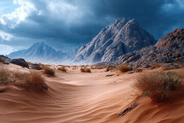 Fototapeta premium Desert landscape features striking mountains and dramatic skies at twilight