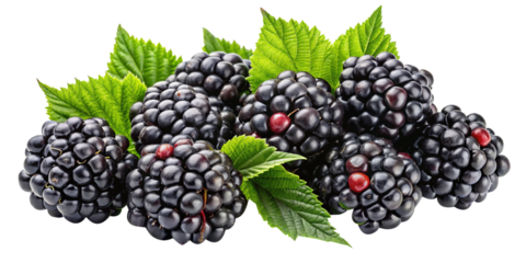 Freshly picked blackberries with lush green leaves isolated on a white background