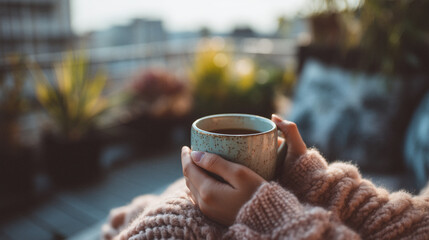 Gemütlicher Morgenmoment auf dem Balkon – warme Hände halten eine blaue Tasse Kaffee oder Tee in kuscheliger Kleidung mit Stadtblick und Pflanzen im Hintergrund