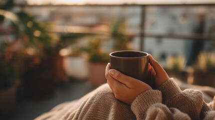Gemütlicher Morgenmoment auf dem Balkon – warme Hände halten eine blaue Tasse Kaffee oder Tee in kuscheliger Kleidung mit Stadtblick und Pflanzen im Hintergrund