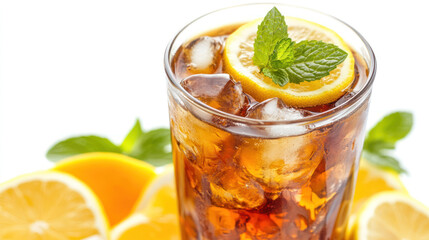 glass of lemonade with lemon on white background