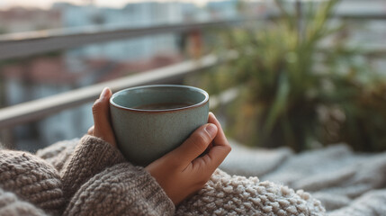 Gemütlicher Morgenmoment auf dem Balkon – warme Hände halten eine blaue Tasse Kaffee oder Tee in kuscheliger Kleidung mit Stadtblick und Pflanzen im Hintergrund