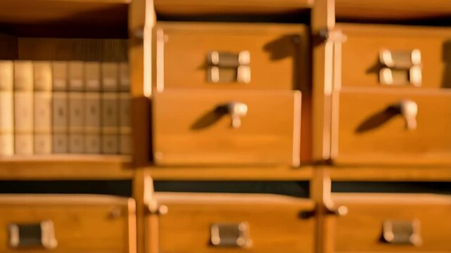 Vintage wooden filing cabinet system with multiple drawers and shelves containing old books in an archive setting