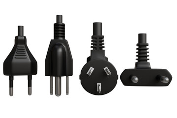 Four black electrical plugs, each with a unique design and prong configuration.  The plugs are rendered in three dimensions, showcasing detailed textures and shapes.  