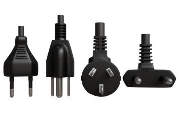 Four black electrical plugs, each with a unique design and prong configuration.  The plugs are rendered in three dimensions, showcasing detailed textures and shapes.  