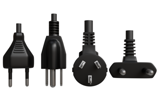 Four black electrical plugs, each with a unique design and prong configuration.  The plugs are rendered in three dimensions, showcasing detailed textures and shapes.  