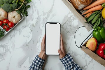 High Resolution Picture of High Angle Man Ordering Groceries Online