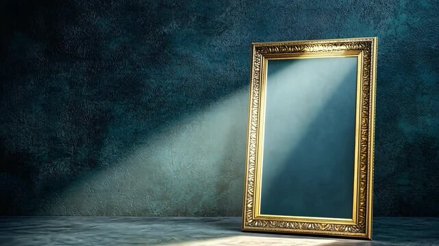 Mirror's Mystique: A framed mirror, exquisitely detailed, stands in a shadowed room, a beam of light illuminating its surface, drawing the viewer into contemplation and reflection.