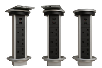 Three retractable power towers with multiple AC outlets and USB ports, shown in different extended positions, showcasing a sleek, modern design and convenient built-in device storage