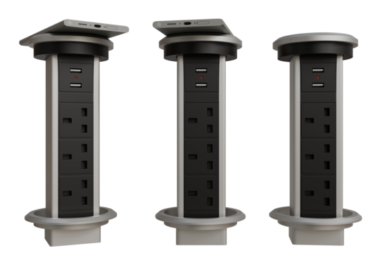 Three retractable power towers with multiple AC outlets and USB ports, shown in different extended positions, showcasing a sleek, modern design and convenient built-in device storage